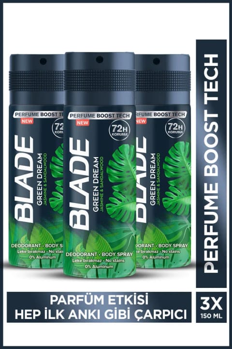 Blade Green Dream اسپری بدن ضدتعریق بدون آلومینیوم مردانه ۳×۱۵۰ میلیلیتر با خشکشدن سریع