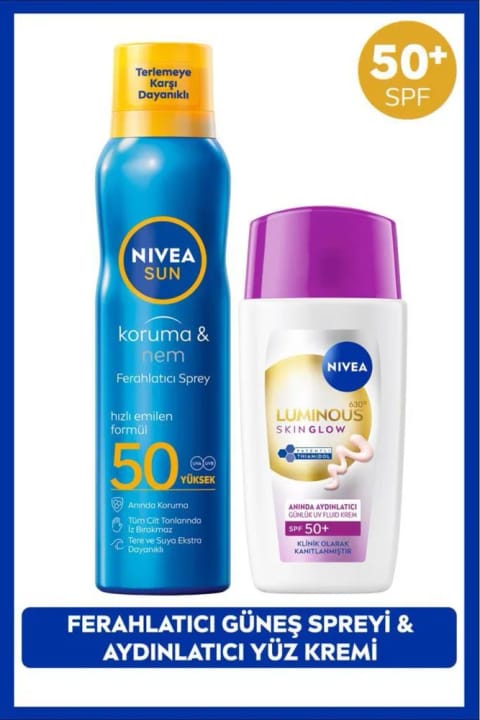 NIVEA SUN SPF50 ضدآفتاب اسپری خنککننده ۲۰۰ میلیلیتر و کرم ضدآفتاب روشنکننده صورت Luminous630 Skin Glow