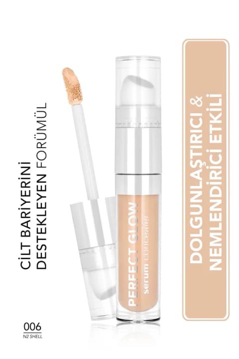 Flormar Perfect Glow Serum مرطوبکننده کانسیلر با پوشش بالا و اپلیکاتور اسفنجی — 006 N2 Shell