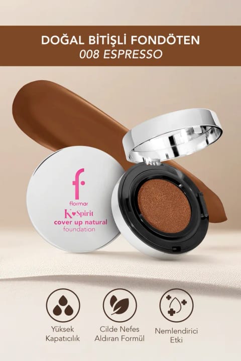 فونداسیون کوشن Flormar K-Spirit Cover Up با پوشش دهی بالا و پایانی طبیعی — 008 Espresso