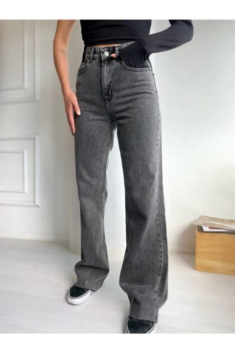 Trn JNS Bai 90's آبی واش برفی کمر خیلی بالا پالازو گشاد جین