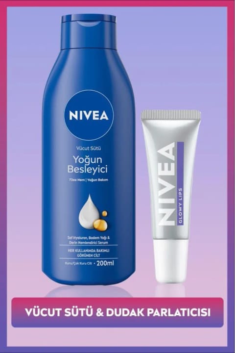 NIVEA مایع مراقبت از بدن مغذی 200ml و بالم لب Glowy Lips