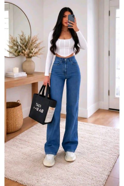 NWC Love 90`s شلوار زنانه اسپرت لیکرا دار رنگ آبی متوسط با کمر فوق العاده بالا مدل پالازو Wide Leg
