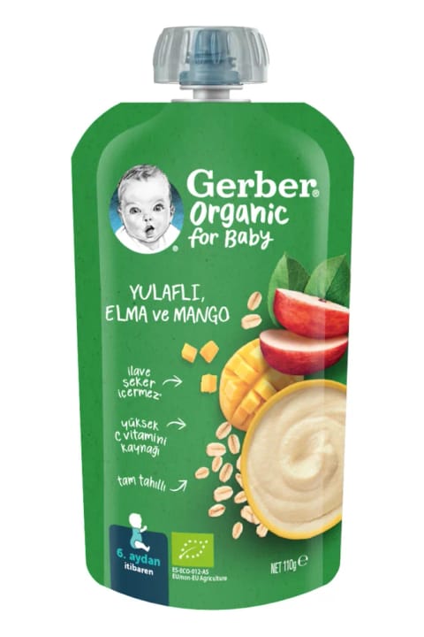 GERBER پوره آلی سیب و انبه با جو دوسر ۱۱۰ گرم