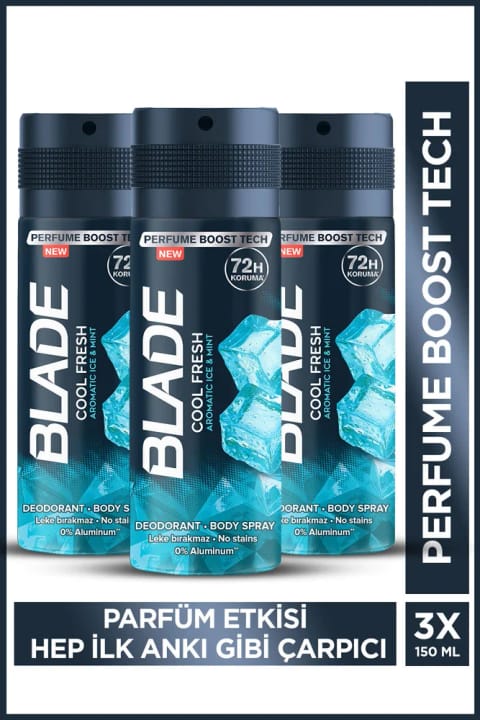 Blade Cool Fresh اسپری بدن دئودورانت بدون آلومینیوم مردانه ۳×۱۵۰ میلی‌لیتر با خشک شدن سریع