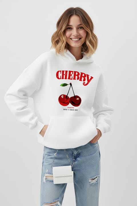 سویشرت اورسایز یونیسکس uyguntarz با بافت نرم ۳ نخ و طرح چاپی Happy Cherry