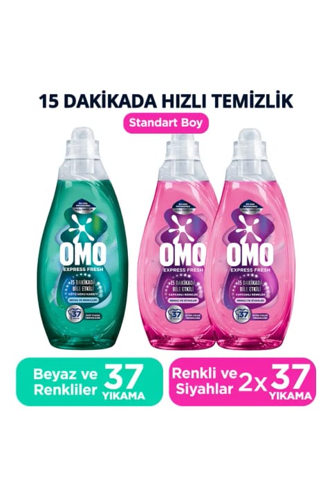 Omo Express Fresh مایع لباسشویی ضد بوی نامطبوع ۱۴۸۰ میلیلیتر — ۳ بطری: ۱ سفید و رنگی، ۲ رنگی و تیره