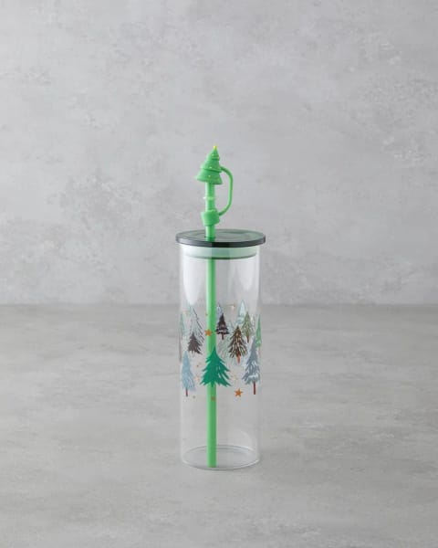لیوان درب‌دار بوروسیلیکات با نی Winter Tree 460 میلی‌لیتر سبز
