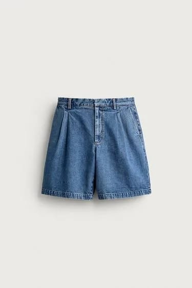 Zara شلوارک جین برمودا پلیسه با فیت رگولار