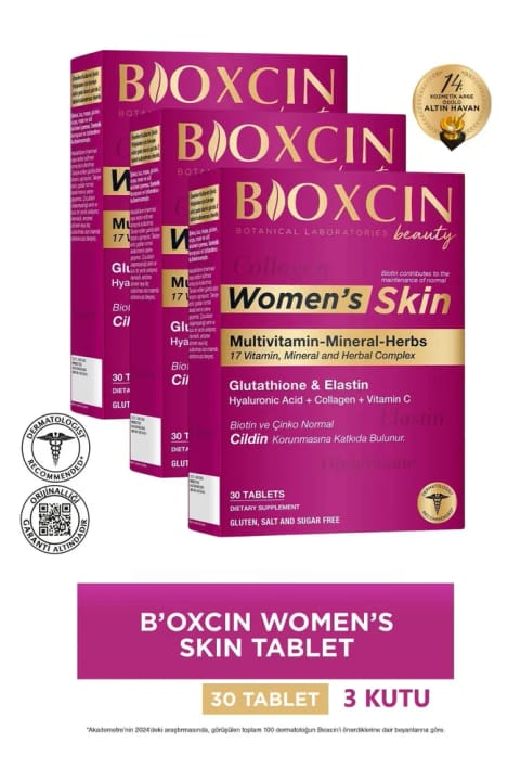 Bioxcin Women's Skin 30 قرص ×3 - گلوتاتیون، الاستین، بیوتین، زینک، کلاژن، هیالورونیک اسید