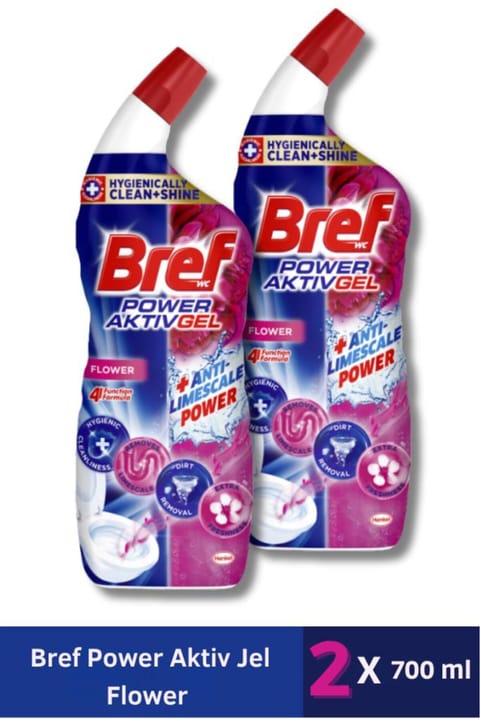 ژل تمیزکننده توالت Bref Power Aktiv Jel با رایحه گل و خاصیت جرم‌گیر و آهک‌زدایی 2x700 ml