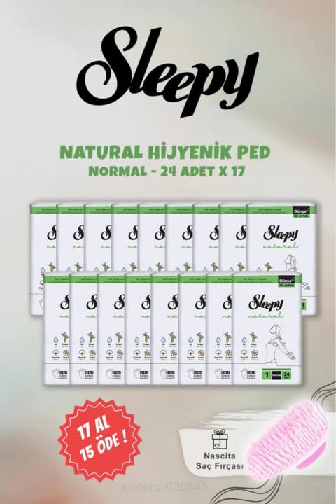 پد بهداشتی نرمال Sleepy 17 AL 15 ÖDE Natura ۲۴ عددی و برس شامپو