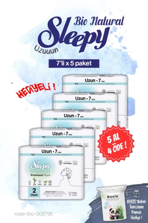Sleepy Bio Natural نوار بهداشتی بلند ۷ عددی — ۵ بسته، همراه هدیهٔ Rosie