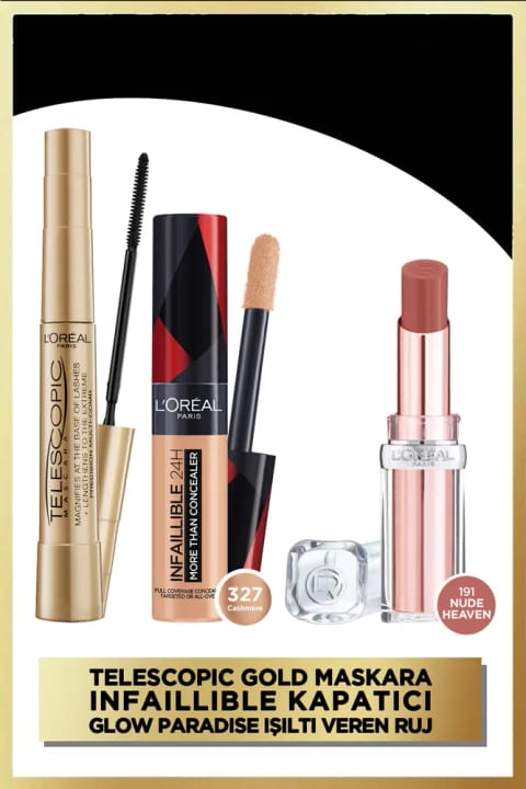 L'Oreal Paris Telescopic ماسکارا + Infaillible کانسیلر 327 + Glow Paradise 1...