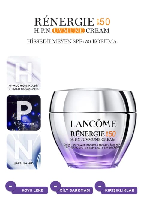 کرم Lancome Renergie UVmune Peptide SPF50 حاوی Hyaluronic Acid، 300-Peptide، Niacin...