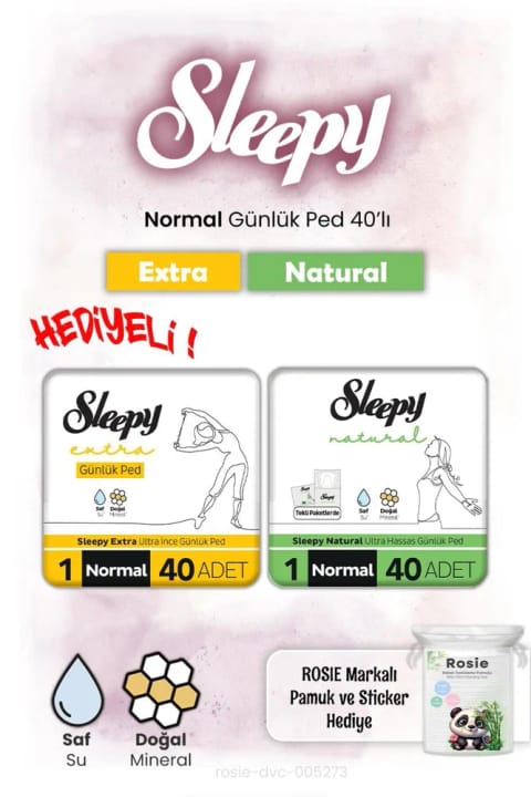 Sleepy Natural و Extra روزانه پد نرمال ۴۰ عددی همراه هدیه Rosie