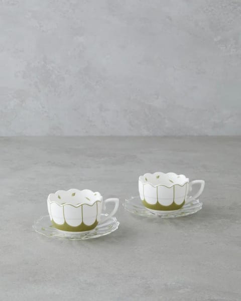 ست فنجان قهوه Purepetal New Bone China ۴ پارچه دو نفره با نعلبکی شیشه‌ای ۸۰ ml سبز