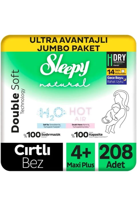 پوشک بچه Sleepy Natural Double Soft Ultra بسته جامبو فوقالعاده اقتصادی سایز 4+ M — 4 Maxi 208