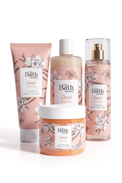 THE BATH FACTORY وانیل شیرین شاور ژل + اسکراب بدن + اسپری بدن + لوسیون بدن