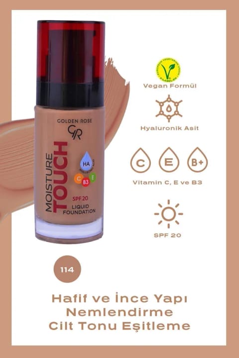 Golden Rose Moisture Touch Foundation شماره ۱۱۴ - مرطوبکننده حاوی Hyaluronic Acid