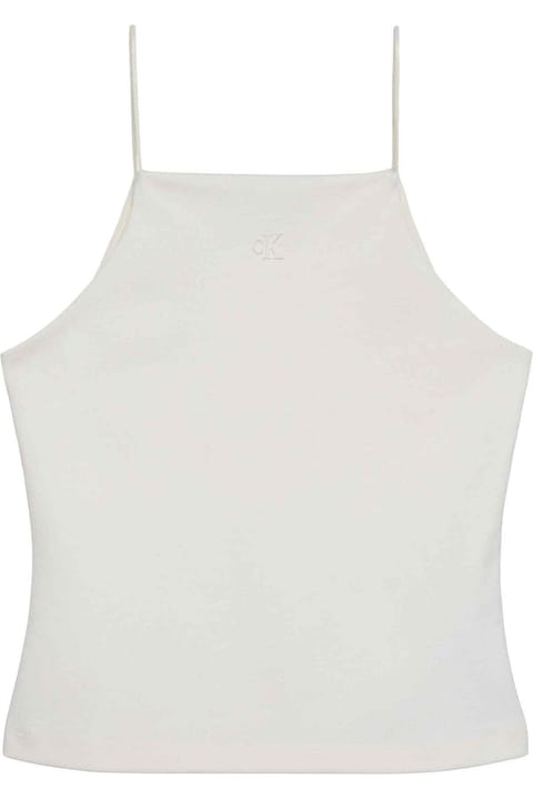 بلوز کرم زنانه Calvin Klein جنس پارچه بافت تخت پنبهای بند نازک Slim Fit
