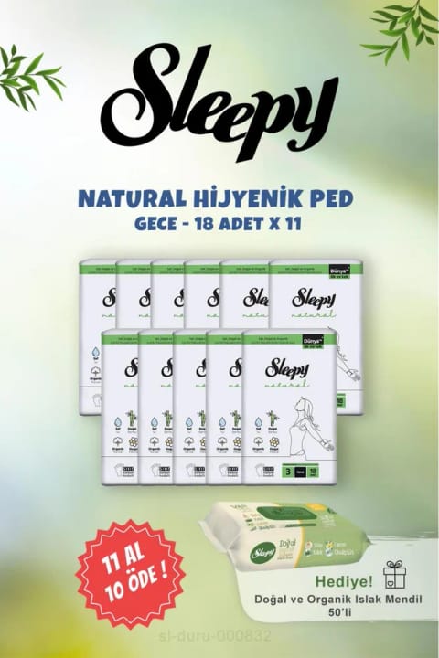 Sleepy نوار بهداشتی بلند ۱۸ عددی و دستمال مرطوب طبیعی و ارگانیک ۵۰ عددی