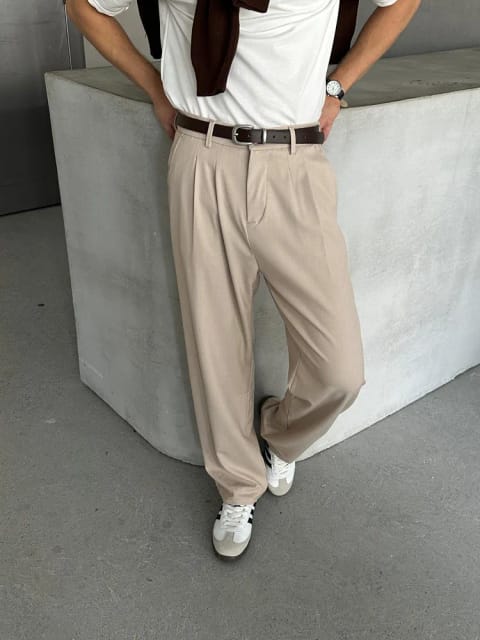 شلوار پارچه‌ای Baggy مدل پلیسه Outlet رنگ کرم