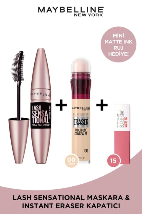 Maybelline New York Lash Sensational ماسکارا و Instant Eraser کانسیلر 00 و M...