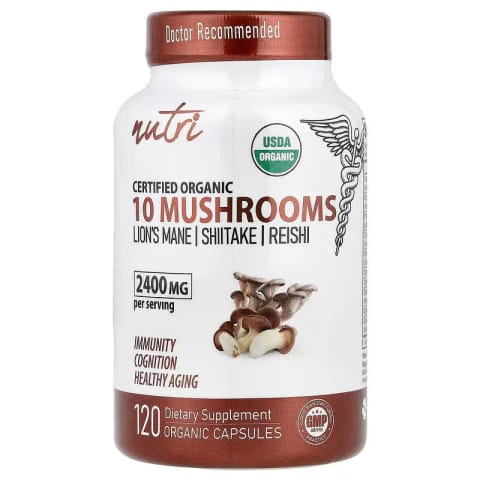 Nutri Organic 10 Mushrooms Lion's Mane، Turkey Tail، Reishi ۱۲۰ کپسول ارگانیک