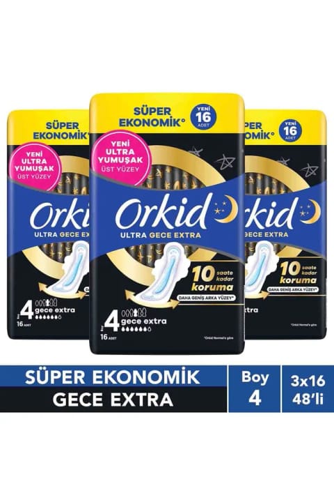 Orkid Ultra شبانه Extra (سایز 4) ۱۶ عددی بسته اقتصادی فوق العاده x3