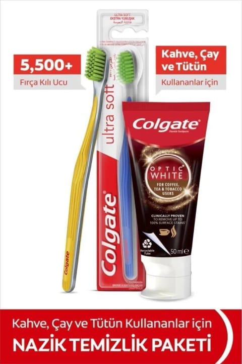 Colgate Optic White خمیردندان قهوه و چای ۵۰ میلیلیتر + مسواک نرم Ultra Soft