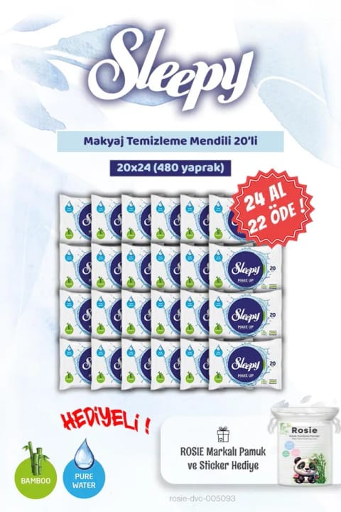 Sleepy 24'lü Makyaj Temizleme Mendili و Rosie بیبی پنبه