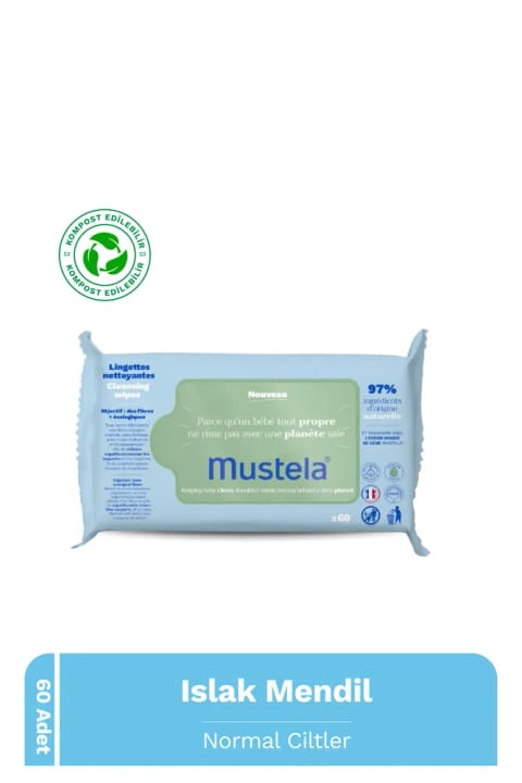 دستمال مرطوب صورت و دست Mustela با 99% محتوای طبیعی، قابل کمپوست، 60 عددی