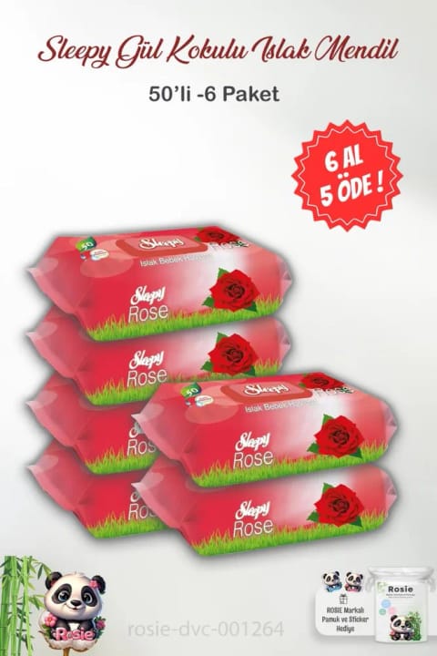 Sleepy 6 Al 5 Öde Sleepy 50'li Gül Kokulu Islak Bebek Havlusu ve ROSIE