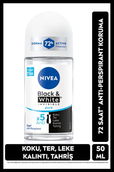 NIVEA دئودورانت رولی زنانه Black & White Pure 50ml، ضد تعریق 72 ساعته