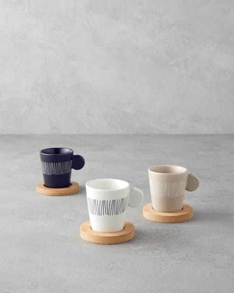 ست فنجان قهوه ۶ پارچه ۳ نفره Bona Stoneware ۷۰ ml مشکی-سفید-بژ