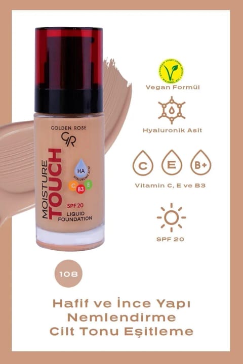 Golden Rose کرم پودر Moisture Touch شماره 108 - مرطوبکننده حاوی Hyaluronic Acid