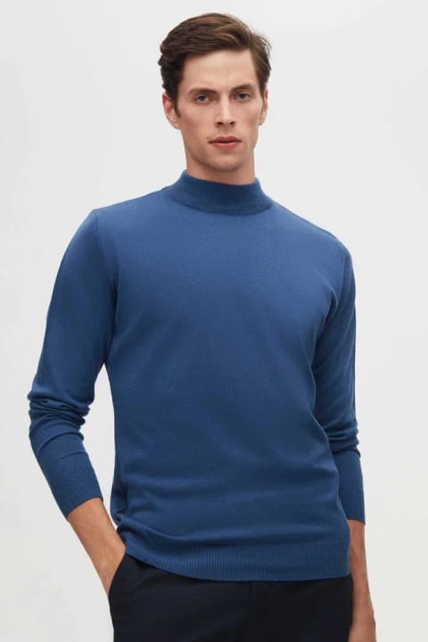D'S Damat Ds Damat Regular Fit آبی پنبه‌ای نیمه یقه اسکی تریکو