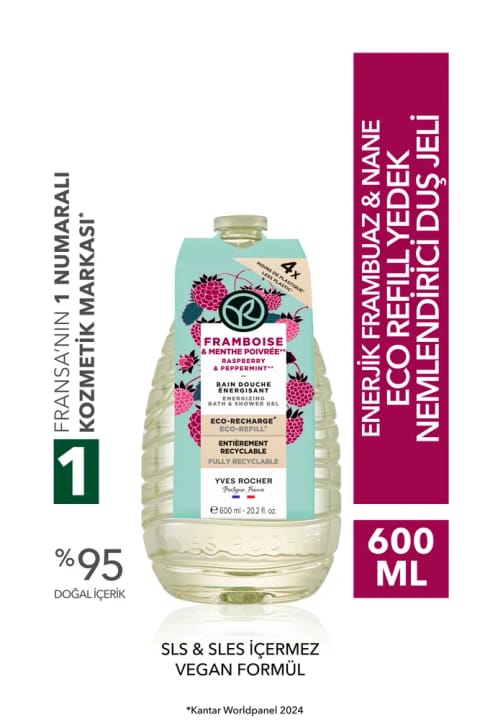 Yves Rocher Eko Refill دوش ژل جایگزین مرطوبکننده انرژیبخش تمشک و نعناع - بدون SLS