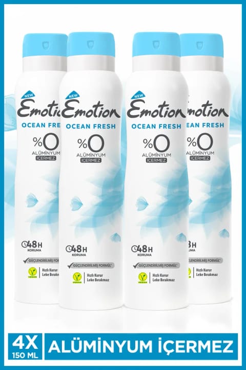 Emotion Ocean Fresh دئودورانت زنانه بدون آلومینیوم وگان ۴×۱۵۰ میلی‌لیتر خشک‌شونده سریع