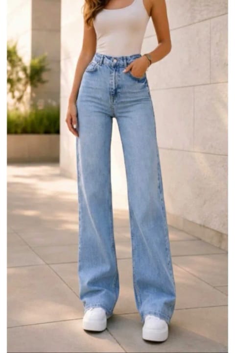 Ramrod Clara 90's بلیچ شده آبی با لیکرا، کمر فوقالعاده بلند، جین پالازو گشاد
