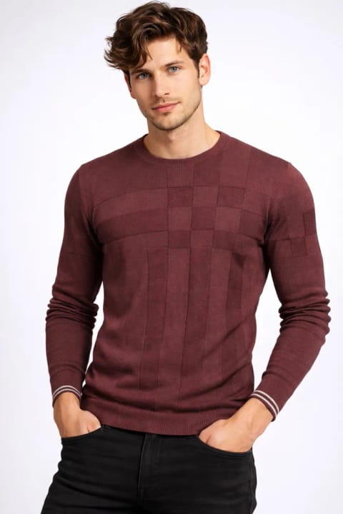 NCS پلیور مردانه یقه گرد اسلیم فیت طرح آلویرنگ JEANS 3638