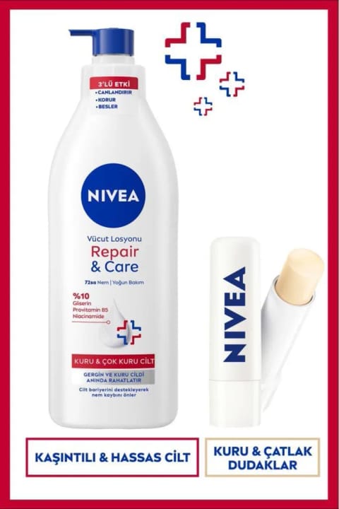 NIVEA Repair&Care مرطوب‌کننده‌ی عمیق بدن ۴۰۰ml و بالم لب