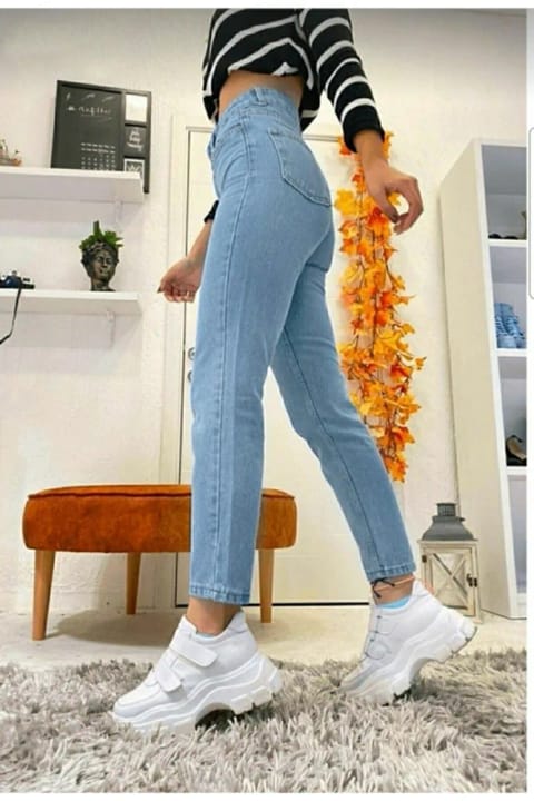 Trn JNS شلوار جین مام فیت زنانه کمر بلند لی کراو روشن آبی