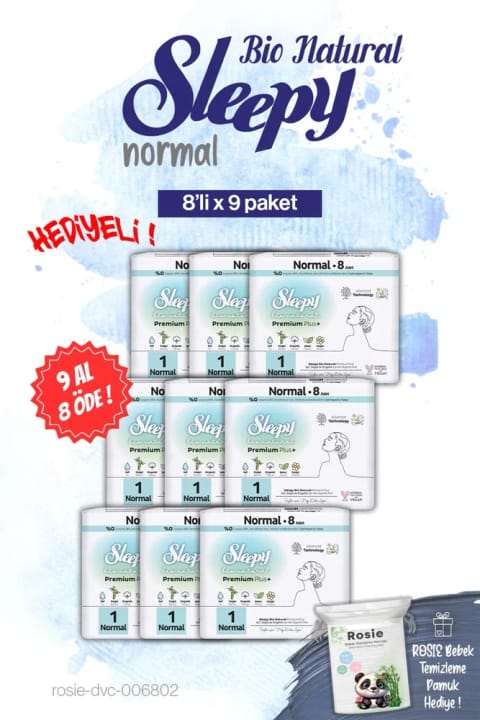 Sleepy Bio Natural نوار بهداشتی نرمال ۸ عددی — ۹ بسته، همراه هدیهٔ Rosie