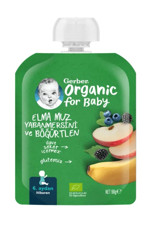 GERBER پوره ارگانیک سیب، موز، بلوبری و شاهتوت 90 گرم