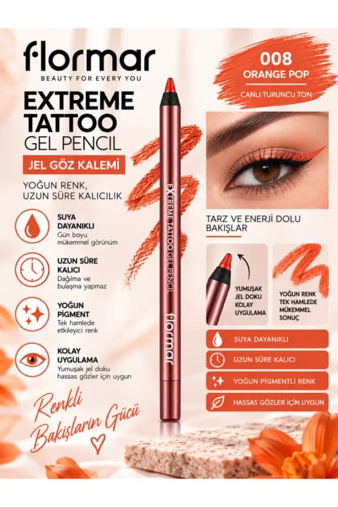 Flormar Extreme Tattoo - 008 Orange Pop - 1.2 g – مقاوم در برابر آب با پیگمنت غلیظ