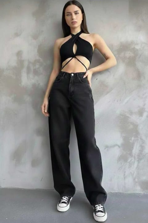 Lighter Jeans شلوار جین زنانه مشکی واش خورده الاستیک راسته پا گشاد پالازو