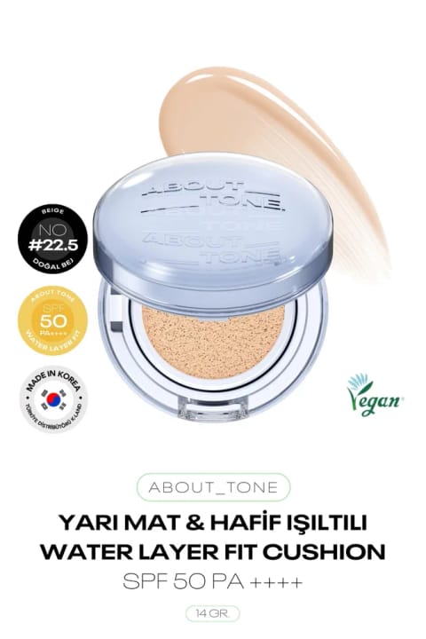 ABOUT TONE کوشن فوندوتن نیمه مات با درخشش ملایم، ماندگاری ۲۴ ساعته با SPF 50