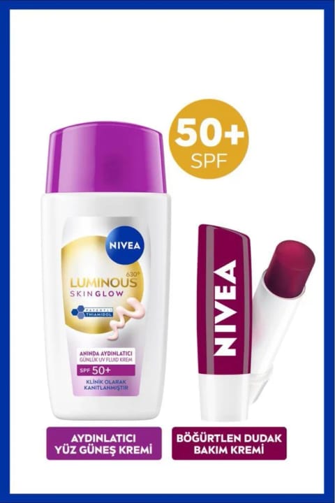 NIVEA SPF50+ Luminous630 Skin Glow روشن‌کننده ضدآفتاب صورت ۴۰ میلی‌لیتر و رژ لب توت سیاه